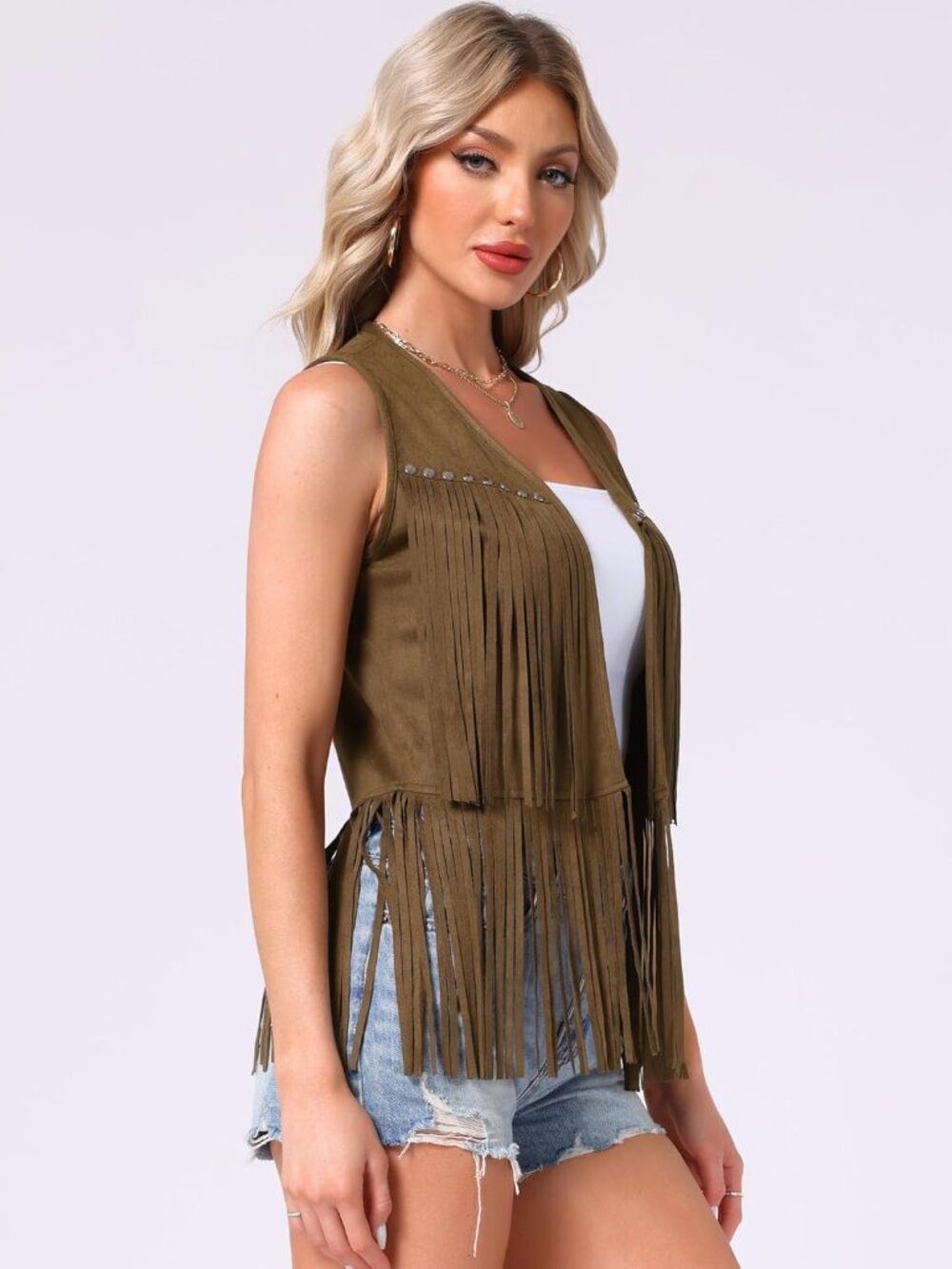 Women's Brown Faux Suede Fringe Top Vest Open Front Western Tassel Cardigan - Picture 3 of 5